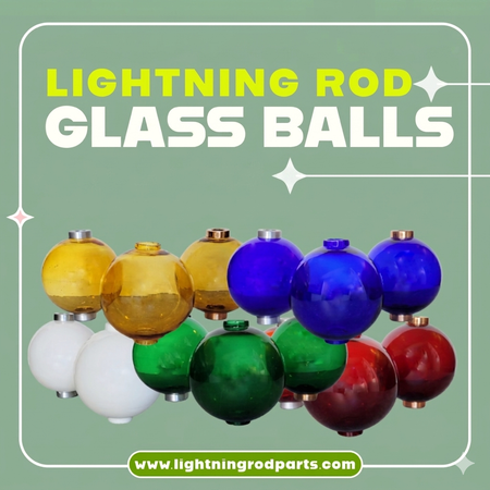Colorful glass balls with a green background and text 'Lightning Rod Glass Balls'.